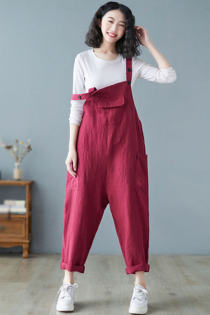 Spring Summer Casual Loose Cropped Linen Overalls C2721