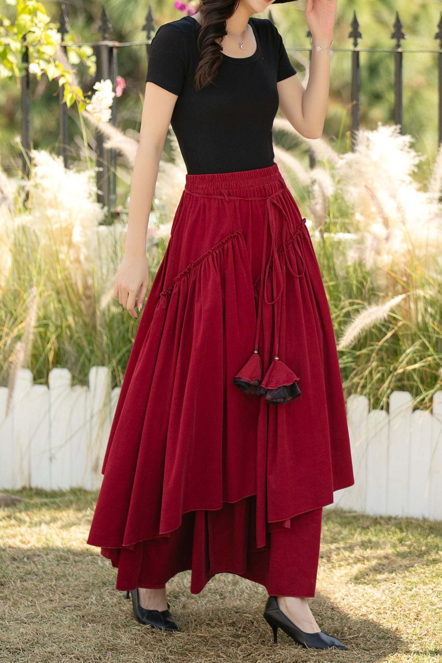 Red Corduroy Maxi Skirt – Elastic Waist Handmade Cotton Boho Skirt, Ylistyle C5441