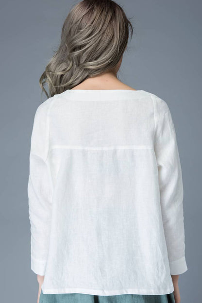 White linen causal womens long sleeves blouse C834