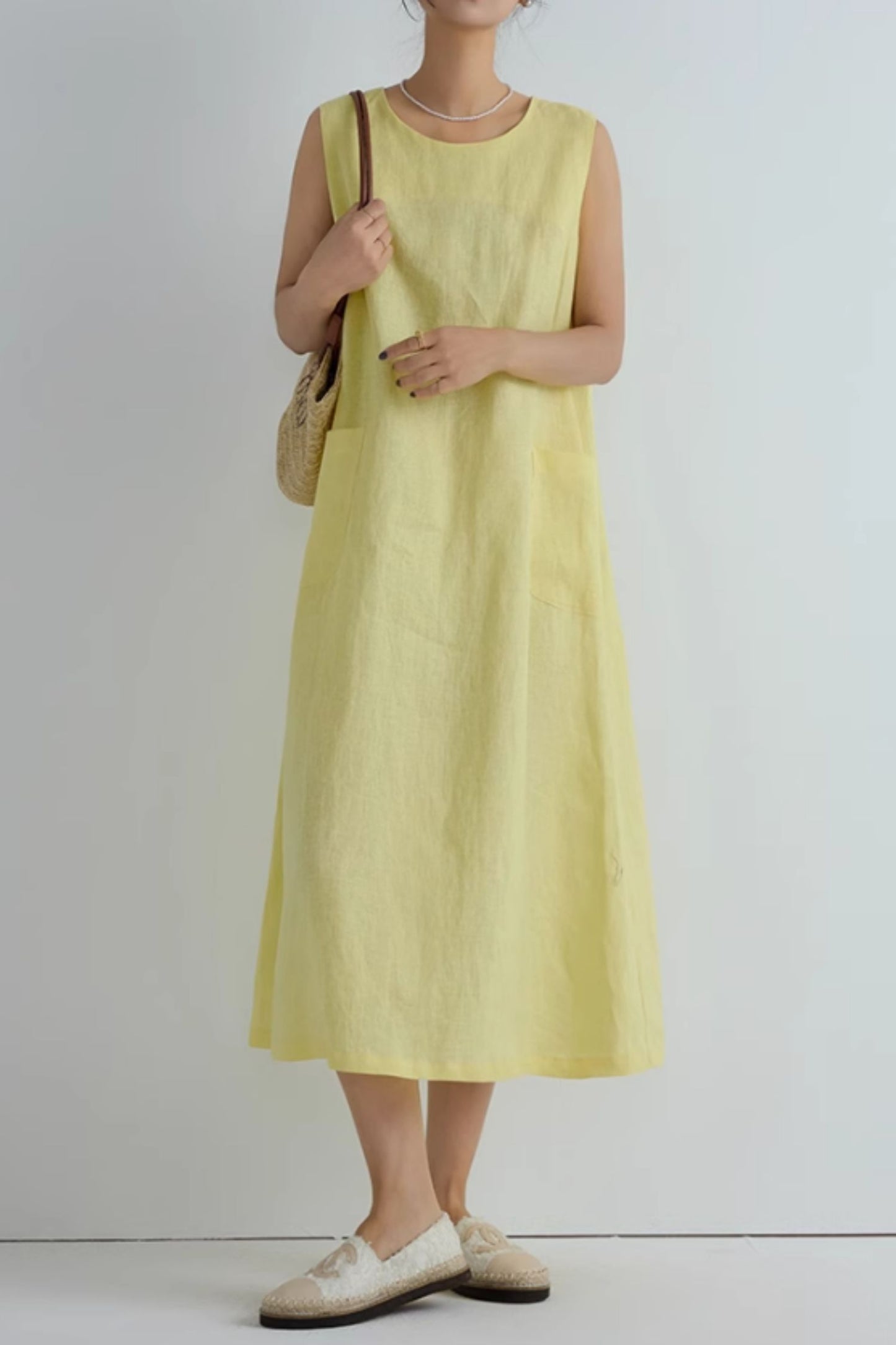 Loose fitting yellow summer linen dress C5066