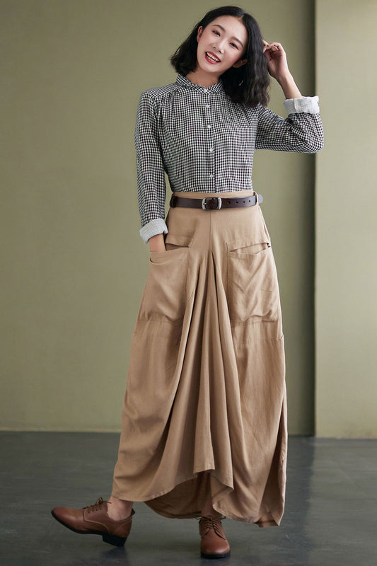 Khaki Asymmetric Linen skirt C2423