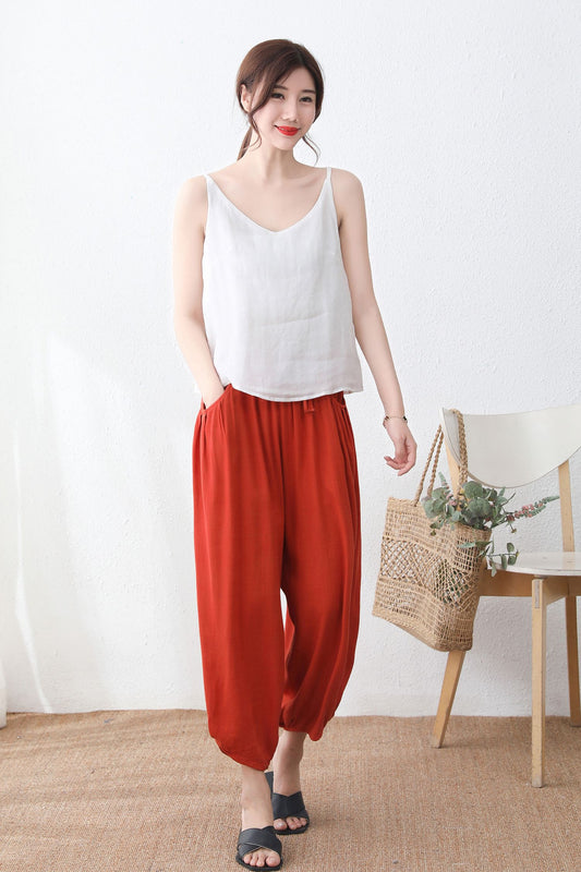 Orange Linen elastic waist drawstring pants C2332