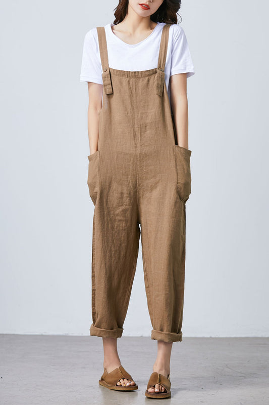 Summer brown casual adjustable linen overalls C1681