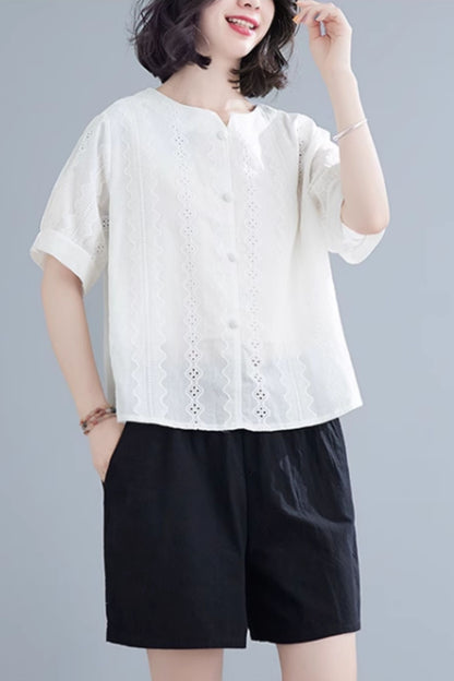 Button front embroidery blouse top C5047