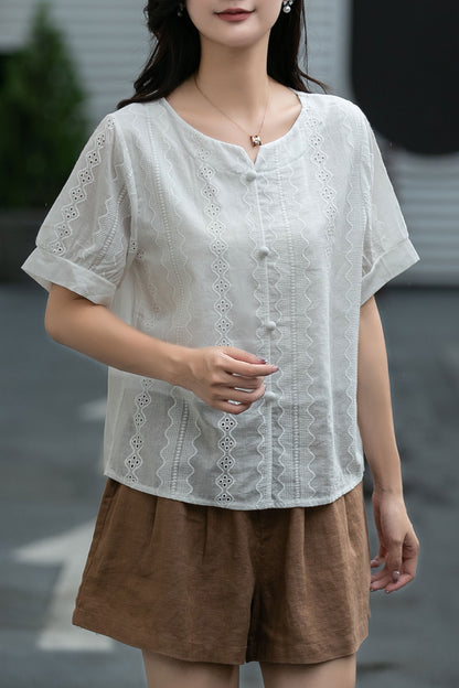 Button front white blouse top C5041