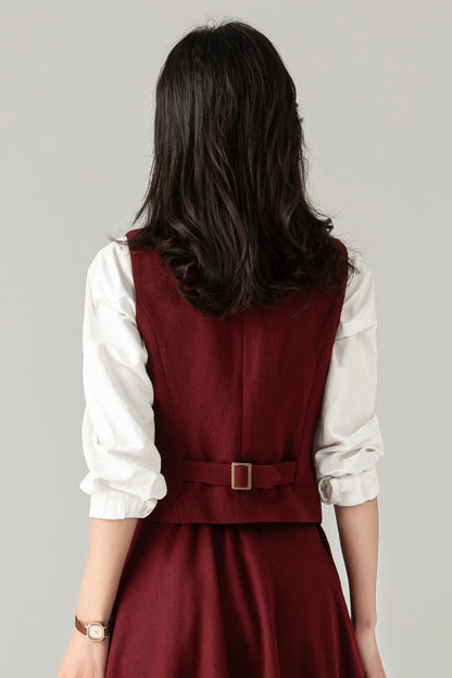 Burgundy Wool Blend Waistcoat: Vintage-Inspired Vest with Adjustable Back Tab, Ylistyle C5370