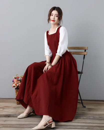 Handmade Pleated Swing Midi Linen Dress C2313