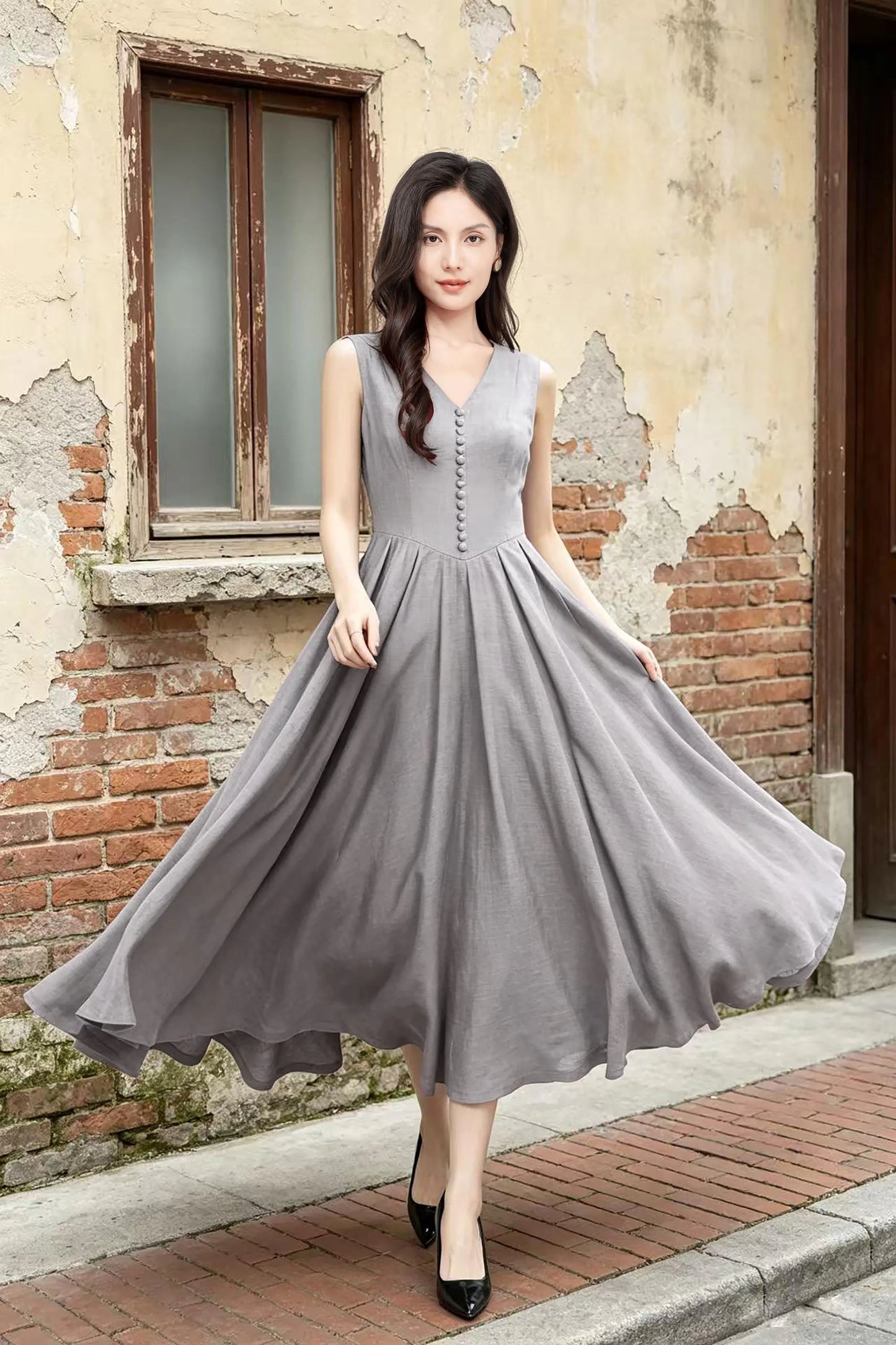 Gray Linen Cotton Blend Fit and Flare Dress with V-Neck and Covered Buttons c5617