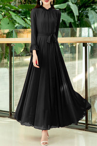 Long-sleeved new lace chiffon long dress C3992