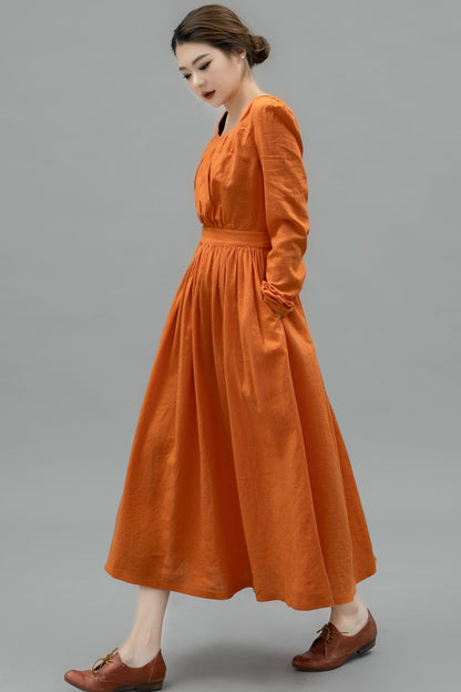 Light Orange Spring Linen Dress Women C4747