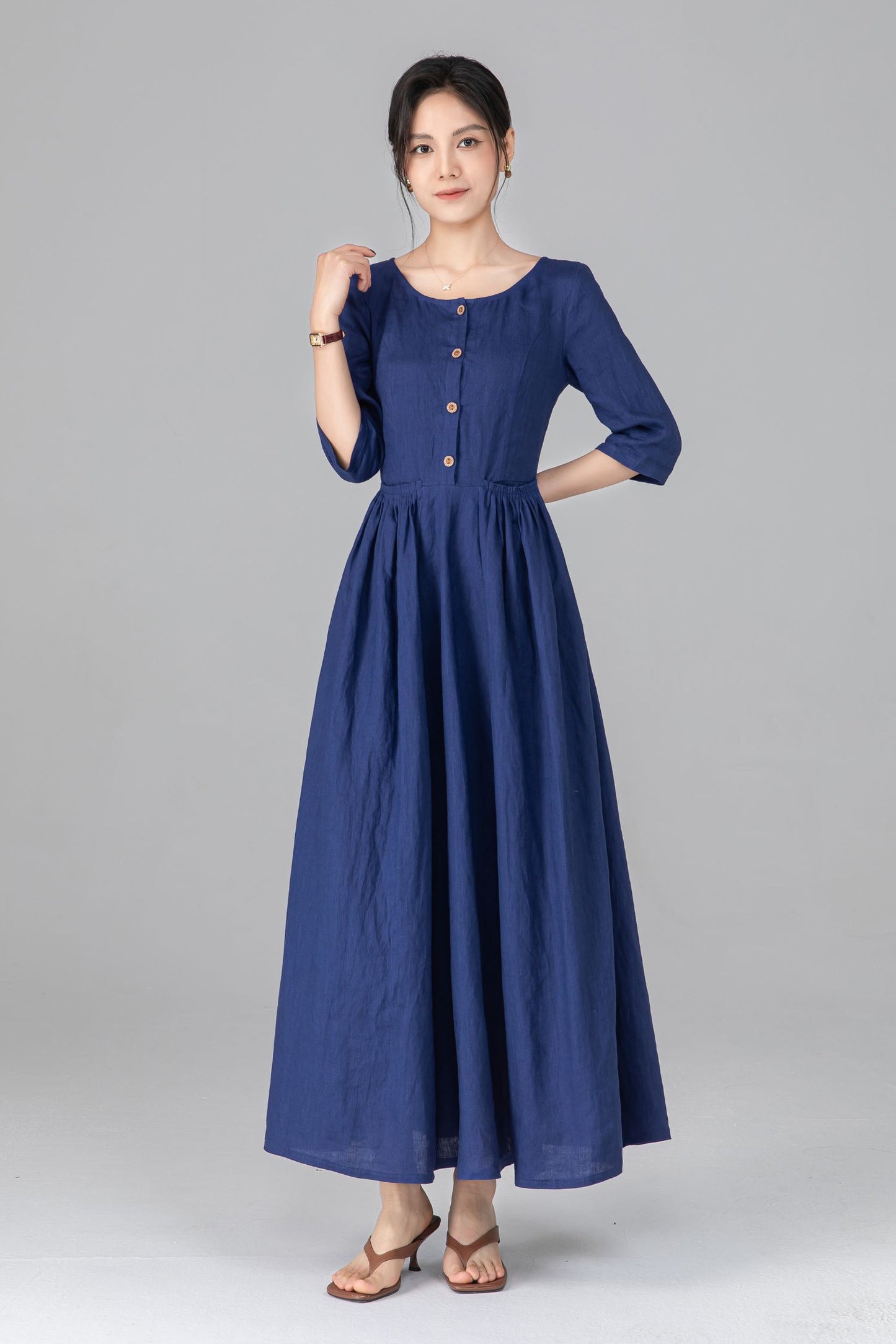 Blue Linen Maxi Dress - Pleated Waist & Button Front | Ylistyle C5514