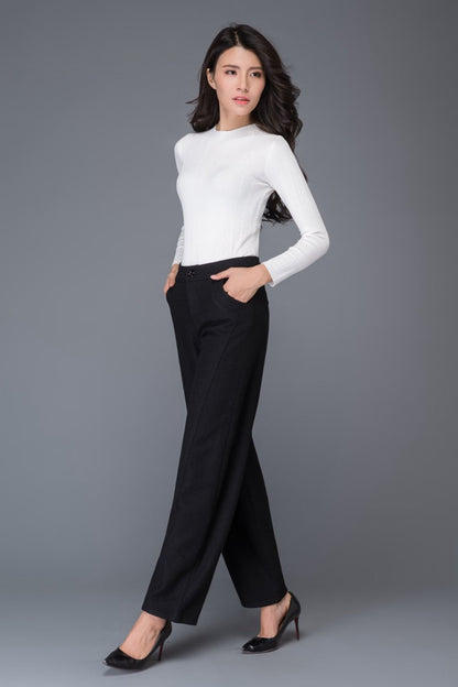 Black loose winter long wool trousers C1016
