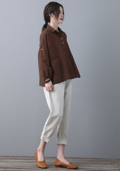 Brown Loose linen Tops C5346