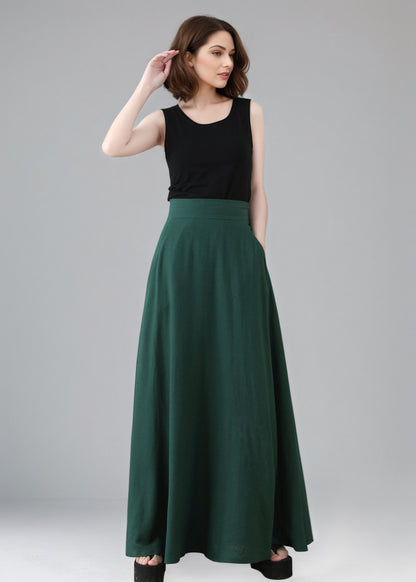 Long Green A-Line  Linen Maxi Skirt C5156