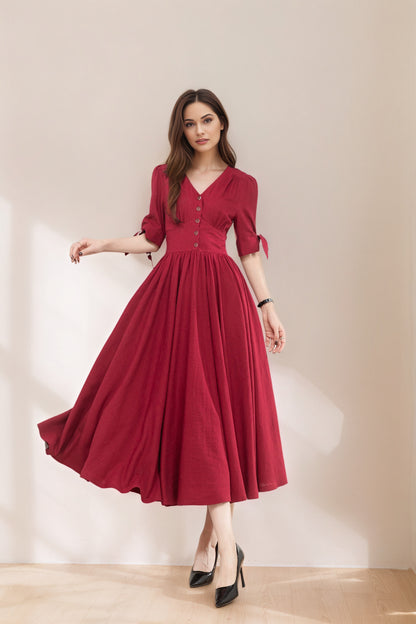 Burgundy fit and flare linen dress C5368