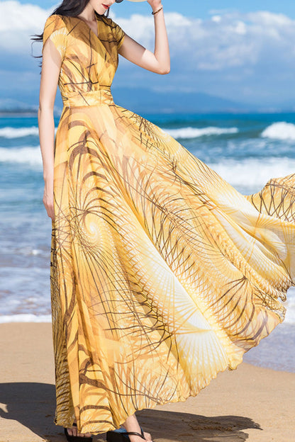 Yellow chiffon print dress C4093