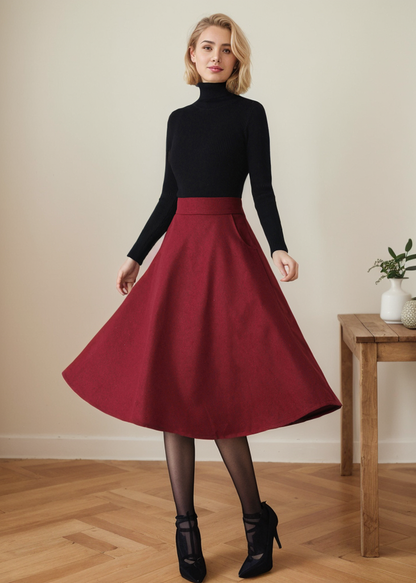 Women's Wine Red Midi Warm Winter Wool Skirt C4357