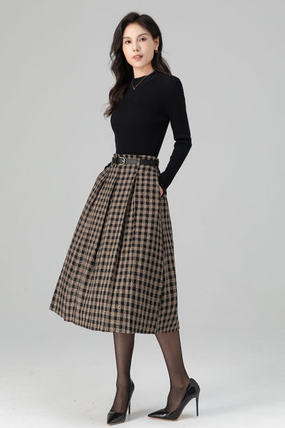 Vintage Pleated Midi Plaid Wool Skirt C5198