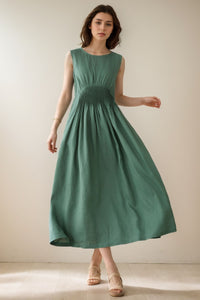 sleeveless Green maxi linen dress C4138