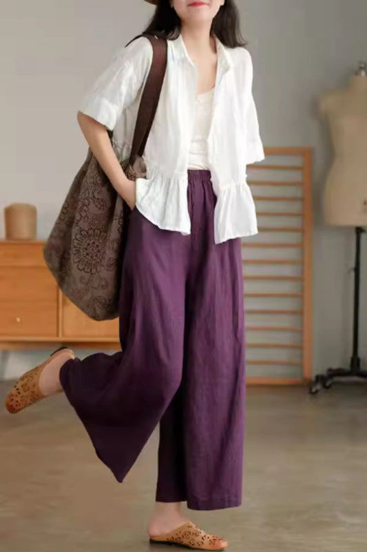 Loose fitting wide leg linen pants women C4439