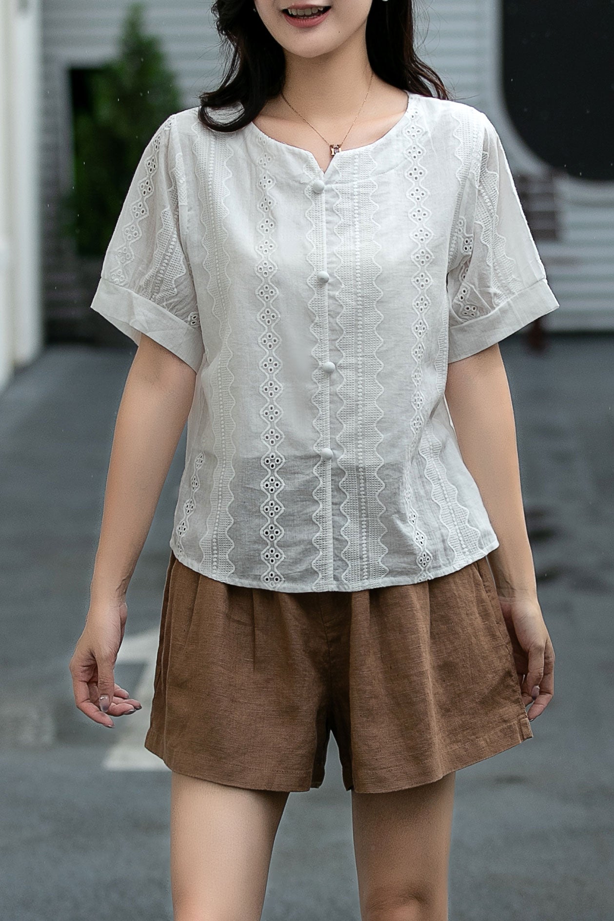 Button front white blouse top C5041