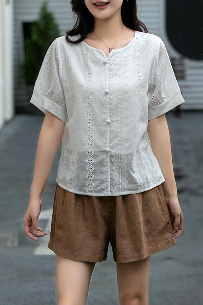 Button front white blouse top C5041