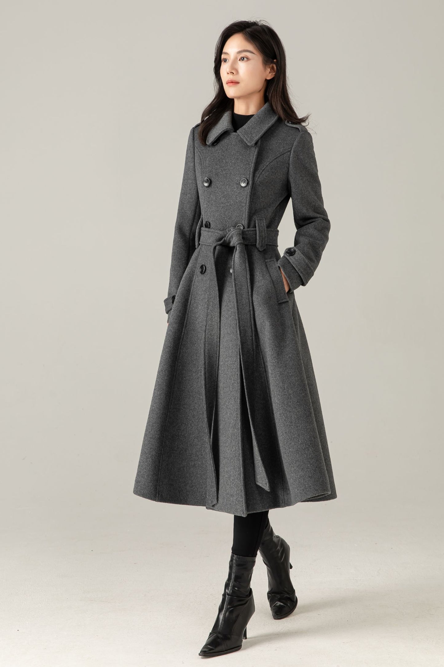 Gray Wool Blend Swing Coat: Double Breasted Belted Maxi Winter Overcoat, Ylistyle C5376