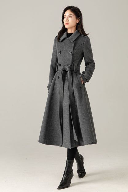 Gray Wool Blend Swing Coat: Double Breasted Belted Maxi Winter Overcoat, Ylistyle C5376