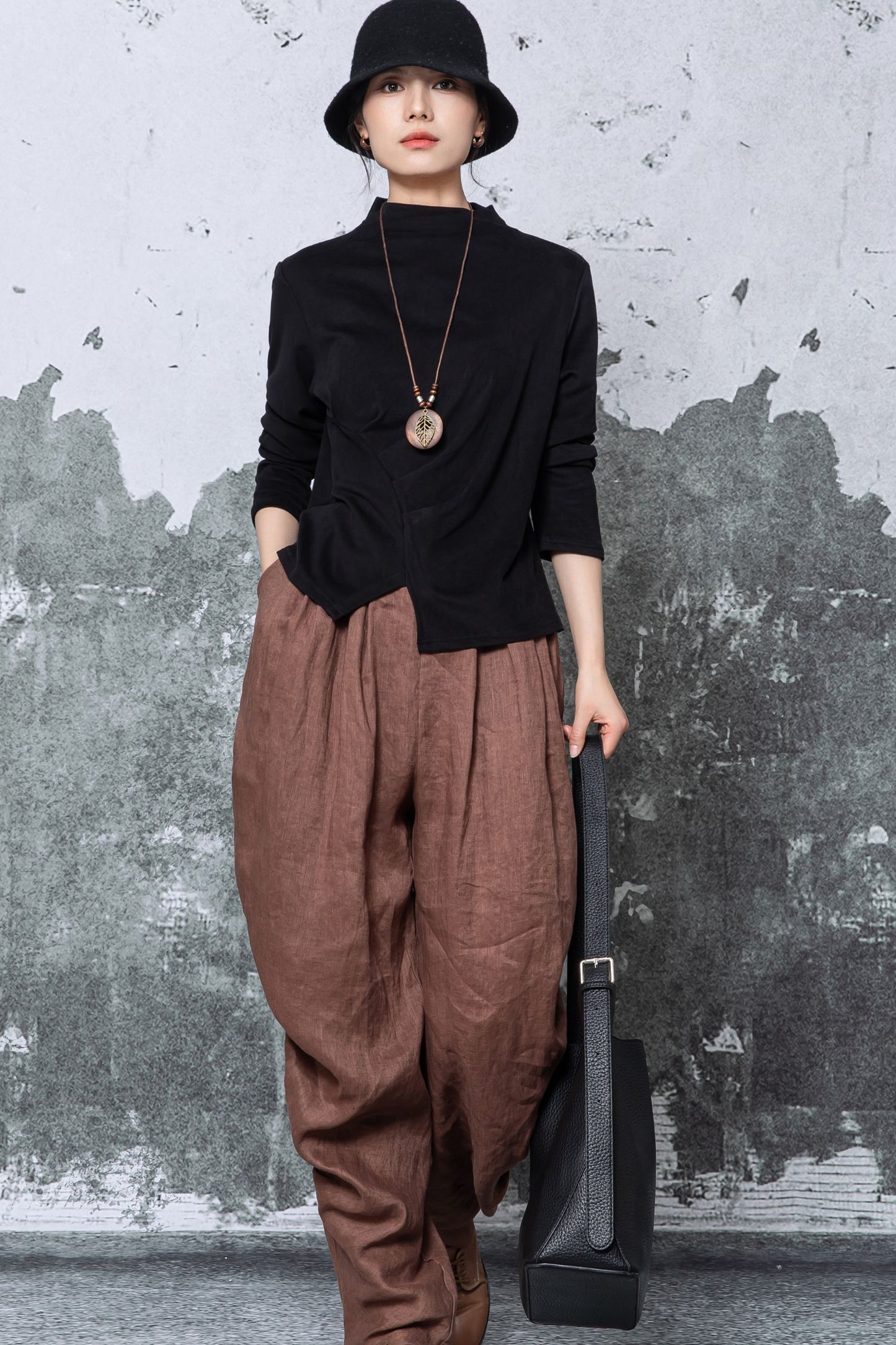 Black Cotton Blouse - Long Sleeve Mock Neck with Asymmetric Hem c5463