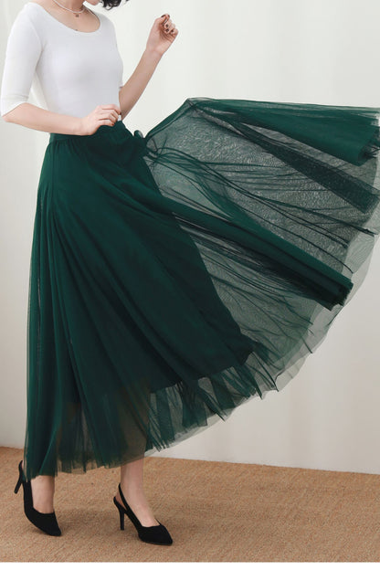 Dark Green Maxi Skirt: High Waist A-Line Long Tulle Skirt, Ylistyle C5448