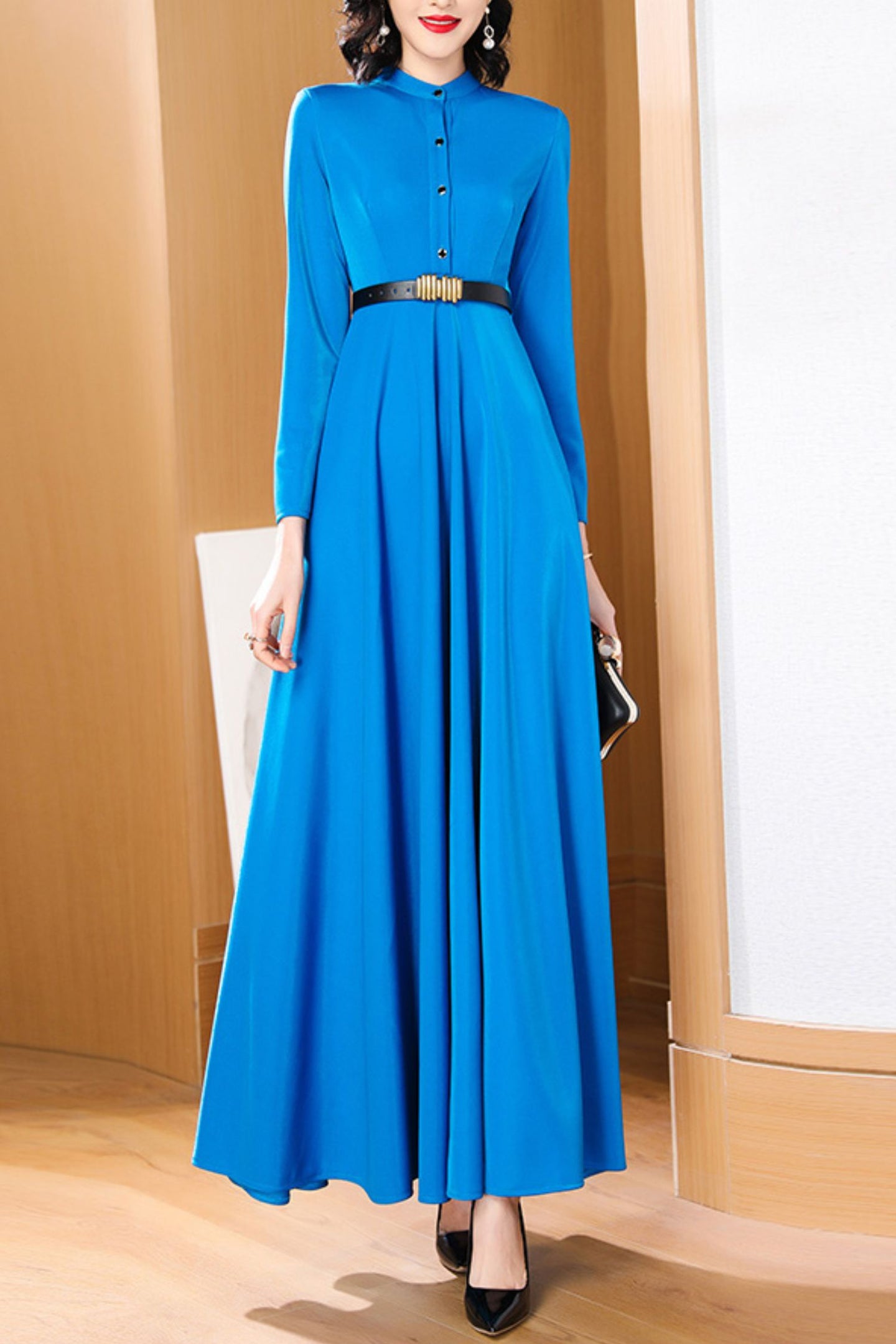 Blue long-sleeved spring and autumn dress C4181