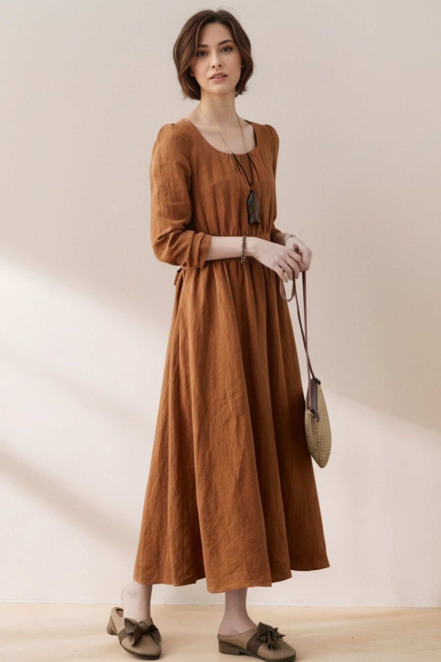 Brown Linen Maxi Dress - Fit and Flare with Tie Bow Waist c5385