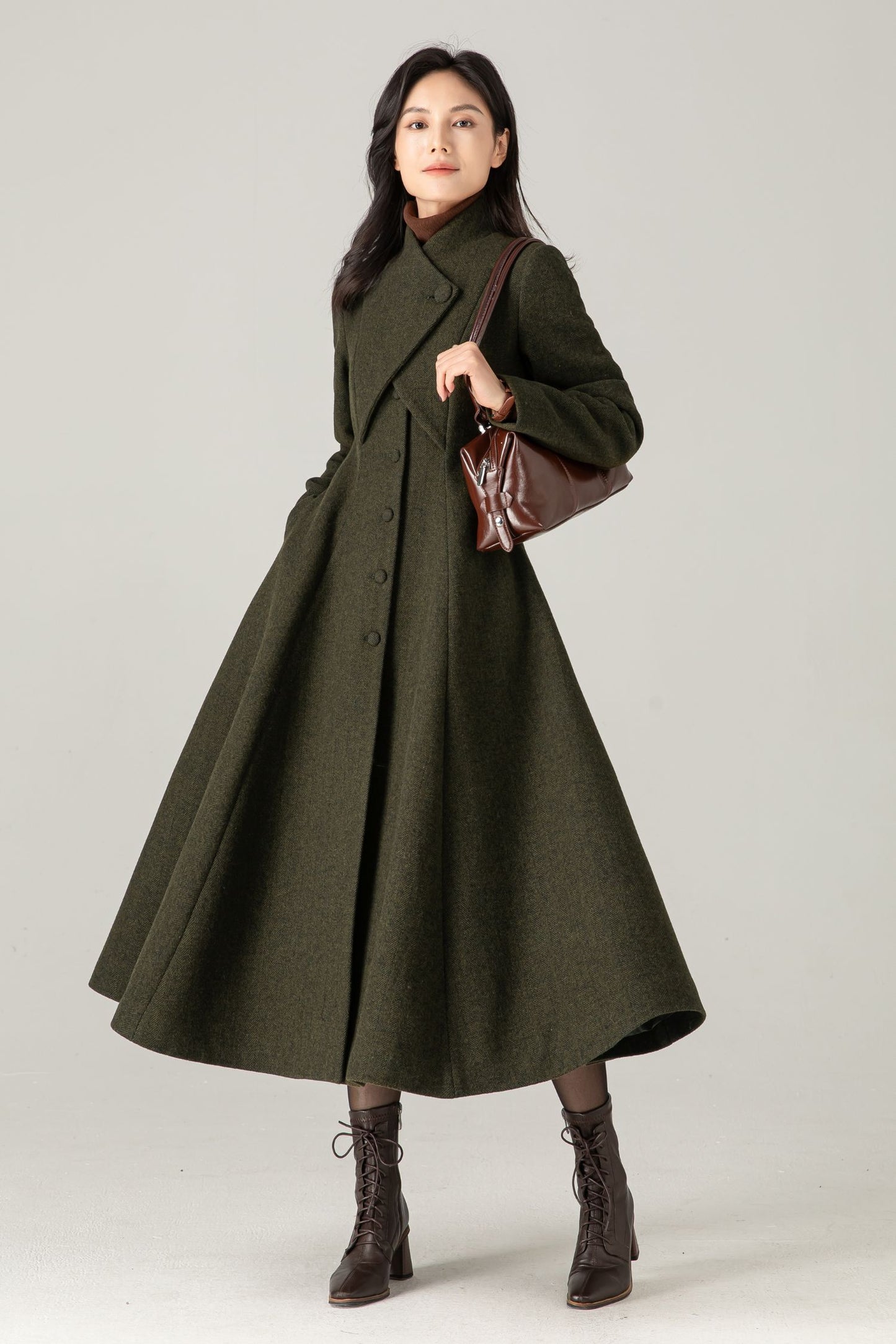 Olive Green Wool Blend Maxi Coat - Fit and Flare with Asymmetric Collar 5373