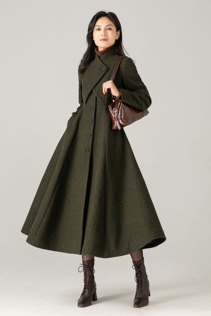 Olive Green Wool Blend Maxi Coat - Fit and Flare with Asymmetric Collar 5373