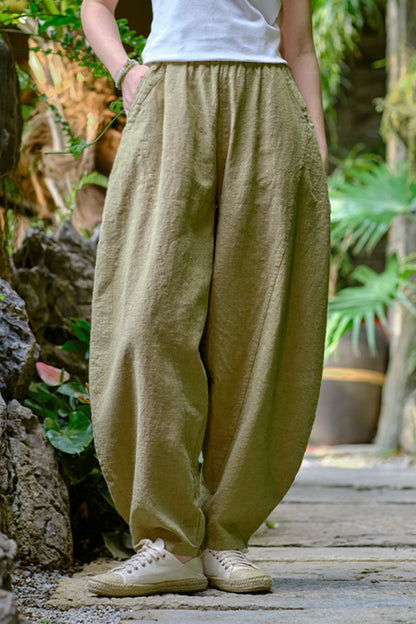 Beige Linen Lantern Pants - High Waist, Wide Leg Relaxed Fit L0616