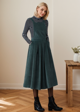 Load image into Gallery viewer, Dark Green Pleated Corduroy Pinafore Dress C4359
