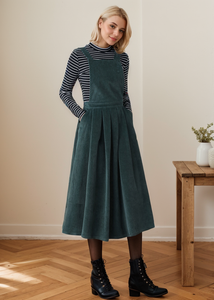 Dark Green Pleated Corduroy Pinafore Dress C4359