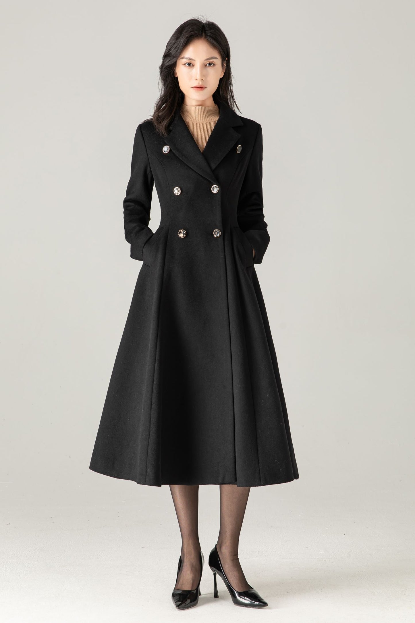 Black Wool-Blend Maxi Coat: Double-Breasted Belted Swing Overcoat, Ylistyle C5372
