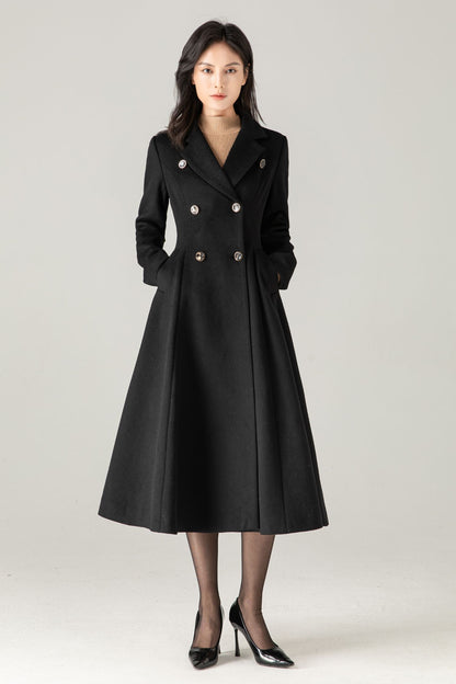 Black Wool-Blend Maxi Coat: Double-Breasted Belted Swing Overcoat, Ylistyle C5372