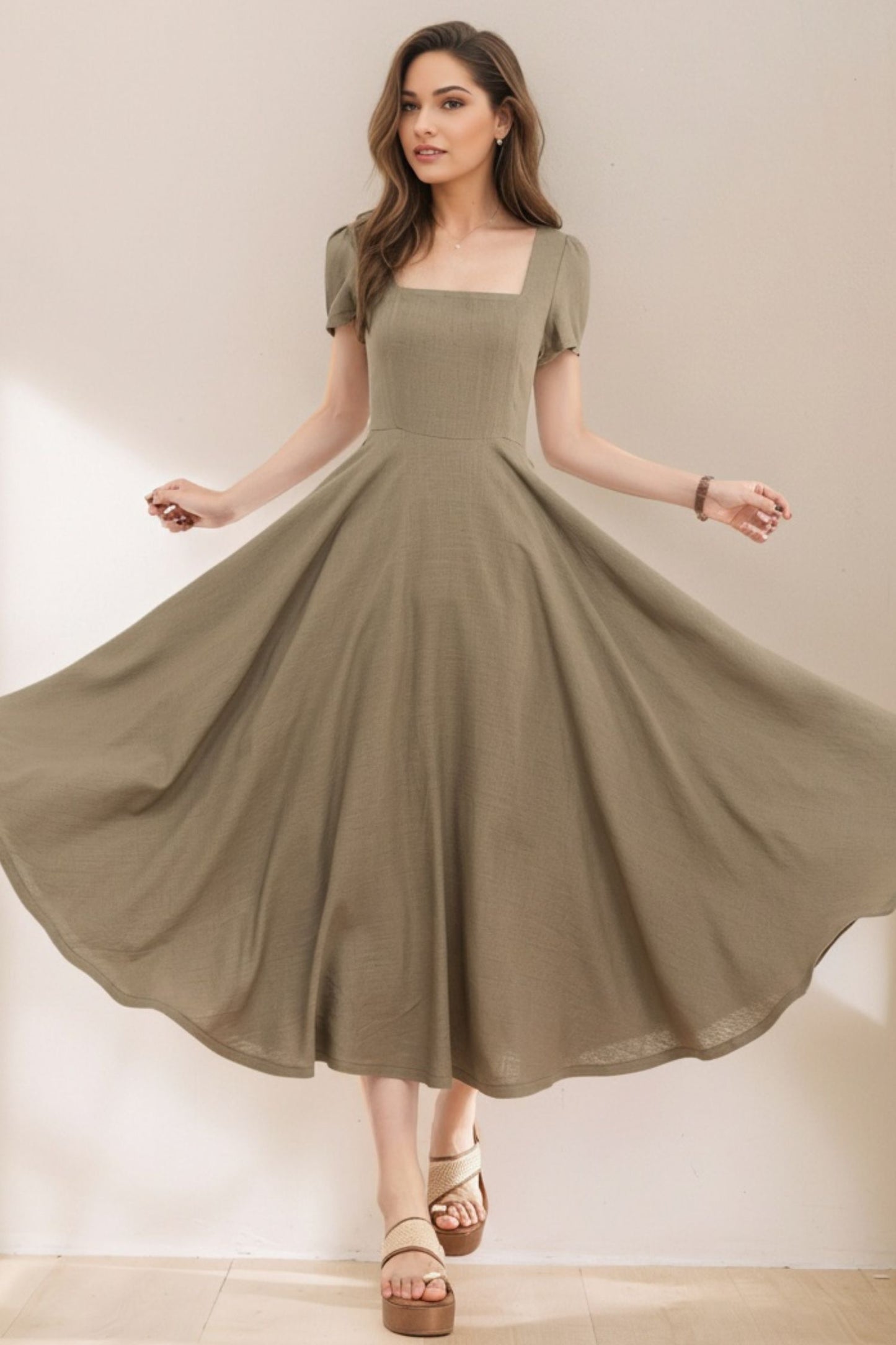 Womens Summer Green Linen Dress c5387