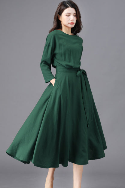 Dark Green Cotton Linen Midi Dress - Relaxed Fit with Belted Waist c5453