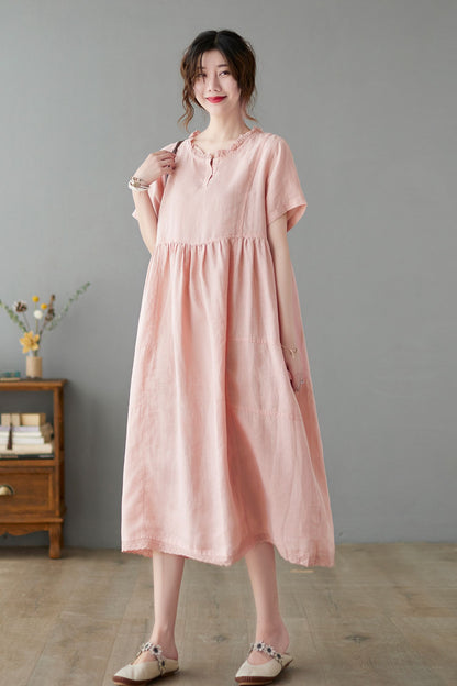 Midi Linen Casual Pink Swing Loose Fit Dress C2247