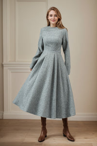 Gray swing long winter wool dress C4442