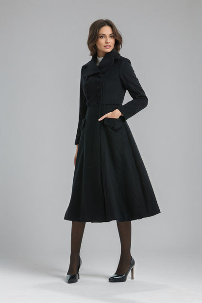 Vintage Black Midi Wool Coat for Winter-Women C5137