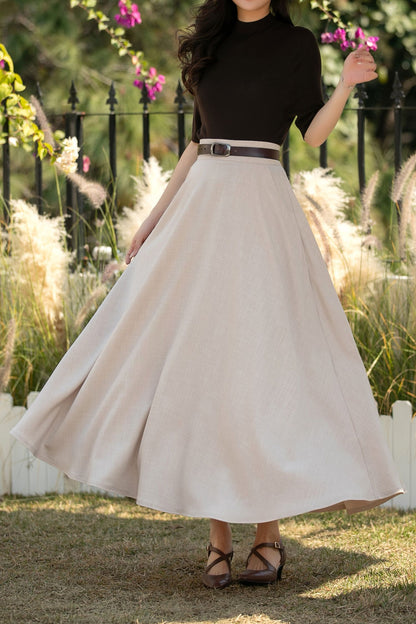 Beige Linen Cotton Maxi Skirt: High Waisted A-Line Summer Skirt, Ylistyle C5443