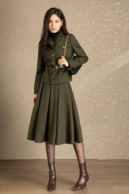 Army green short wool jacket coat C4488