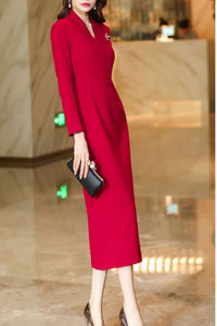 Women's Red Long Sleeves wool Dress C4171