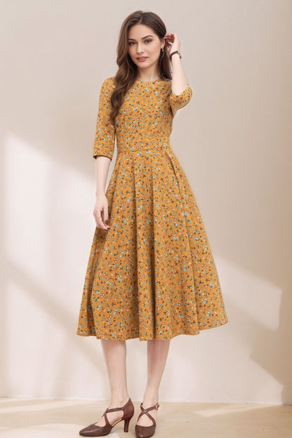 Floral swing linen dress women C5367