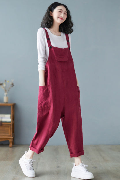 Spring Summer Casual Loose Cropped Linen Overalls C2721