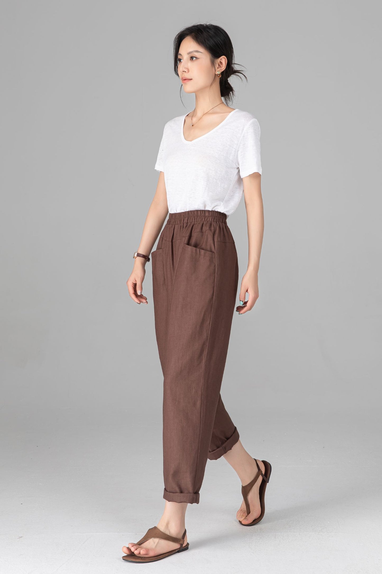 Brown Linen Cotton Harem Pants - Elastic Waist Relaxed Casual Trousers C5523